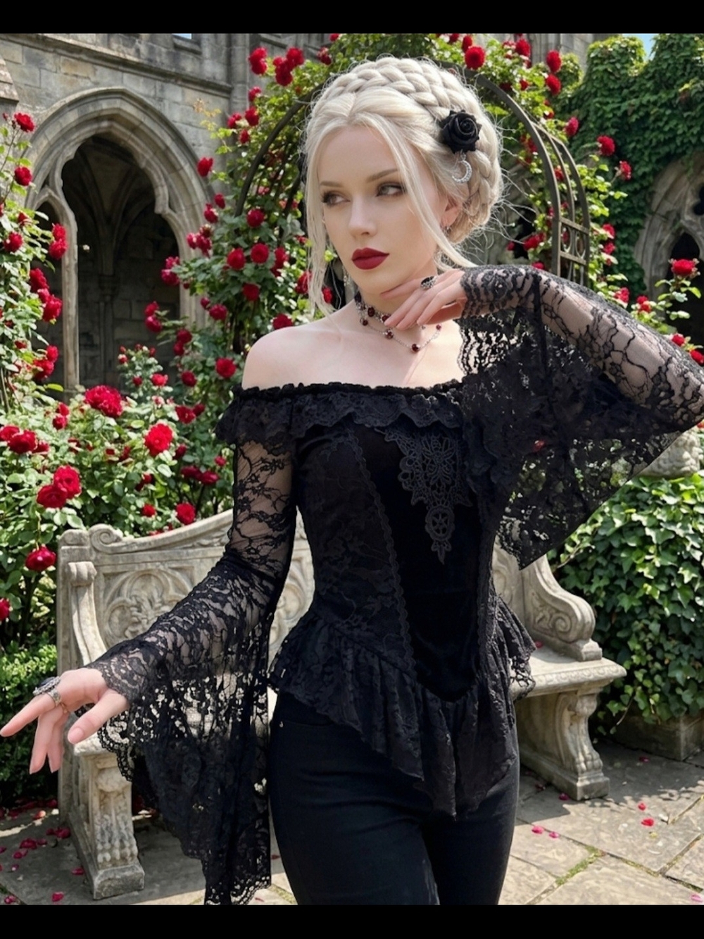 Off-Shoulder Black Lace Bell-Sleeve Bodysuit MULTIPLE SIZES